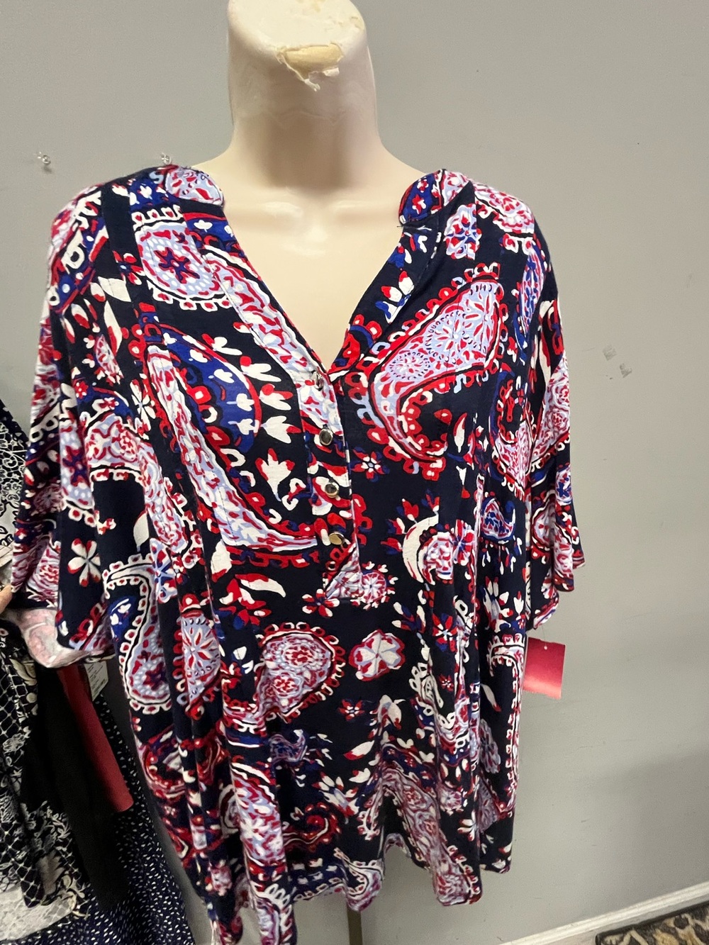 1603/ Kim Roger’s Women's Navy Paisley V-Neck Blouse with Red & White Accents